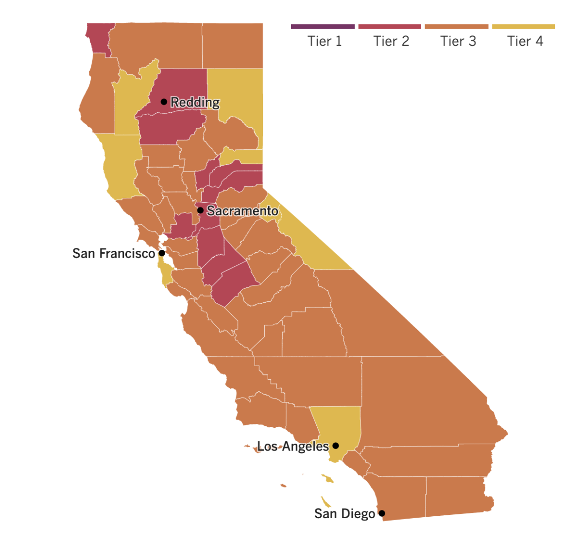 California reopening map: 9 counties in the yellow tier (with Mono and San Mateo joining), 38 orange (Madera joining), 11 red