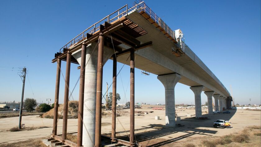 An elevated portion of the state's high-speed rail line is under construction near Fresno.