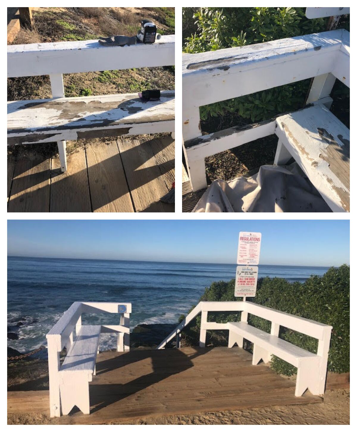 The "penalty box" at the top of the Windansea Beach access stairway before and after Joseph McGoldrick repainted it.