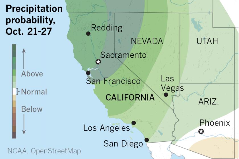 Map showing the 8-14 day precipitation outlook for California and neighboring states.