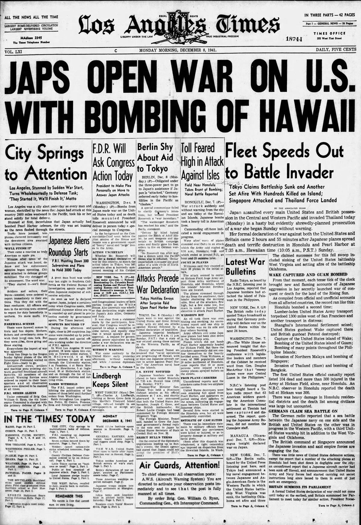 A Los Angeles Times newspaper clipping about Japan's attack on Pearl Harbor in 1941.