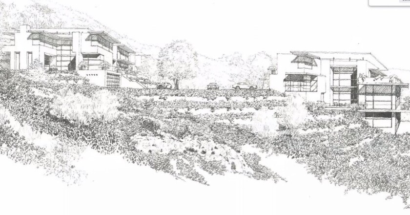 A rendering of homes on the hillside above Via De La Valle.