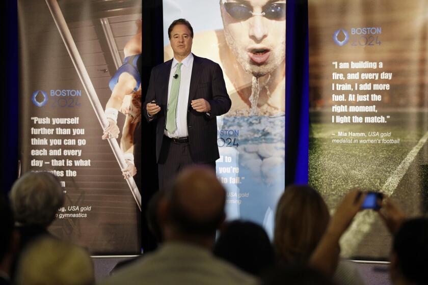 Boston 2024 chairman Steve Pagliuca speaks during the release of the Boston 2024 Partnership's updated plans for the Olympic and Paralympic games at the Boston Convention and Exhibition Center on June 29.