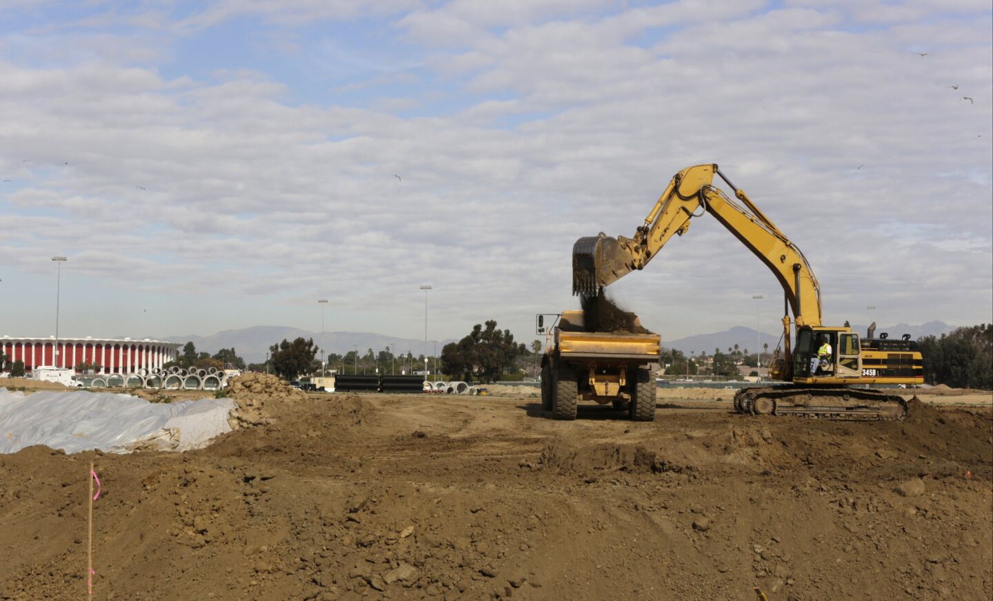 Work continues on the site of the former Hollywood Park racetrack in Inglewood on Jan. 13.