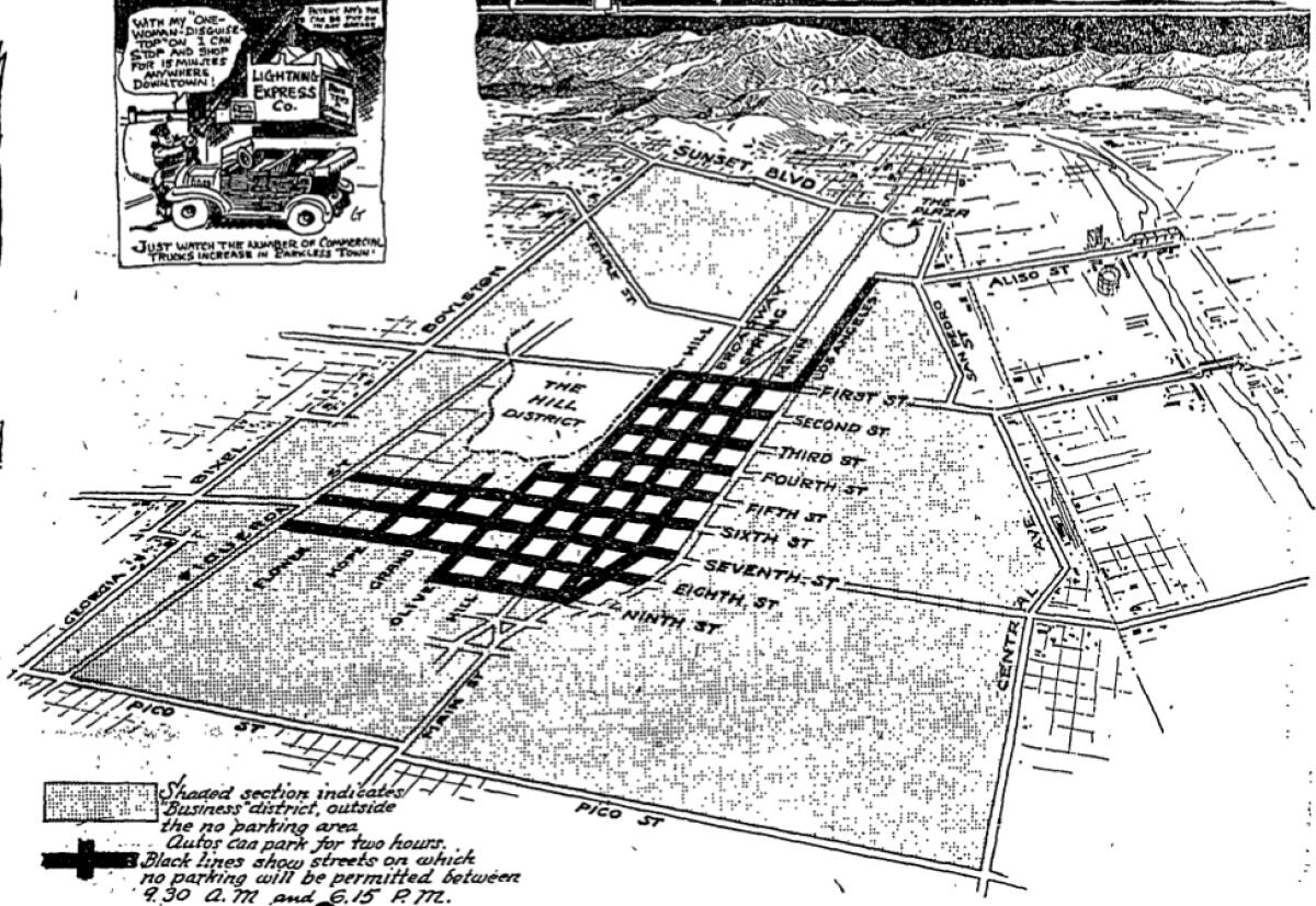 A map that ran in The Times in 1920 shows downtown streets affected by the parking ban