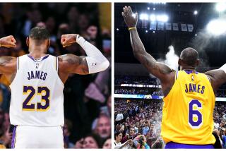 From left, Los Angeles Lakers forward LeBron James (23) flexes for the crowd in 2019. Lakers LeBron James tosses powder before Game 1 of the Western Conference Finals in 2023. (Robert Gauthier/Los Angeles Times Wally Skalij/Los Angeles Times)