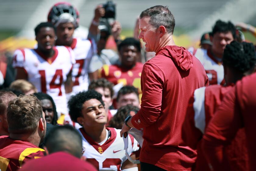 Los Angeles, CA - April 15: USC head coach Lincoln Riley speaks with the team following the spring game.