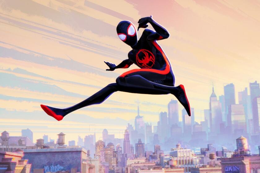 A cartoon Spider-Man strikes a pose in the air above the New York City skyline.