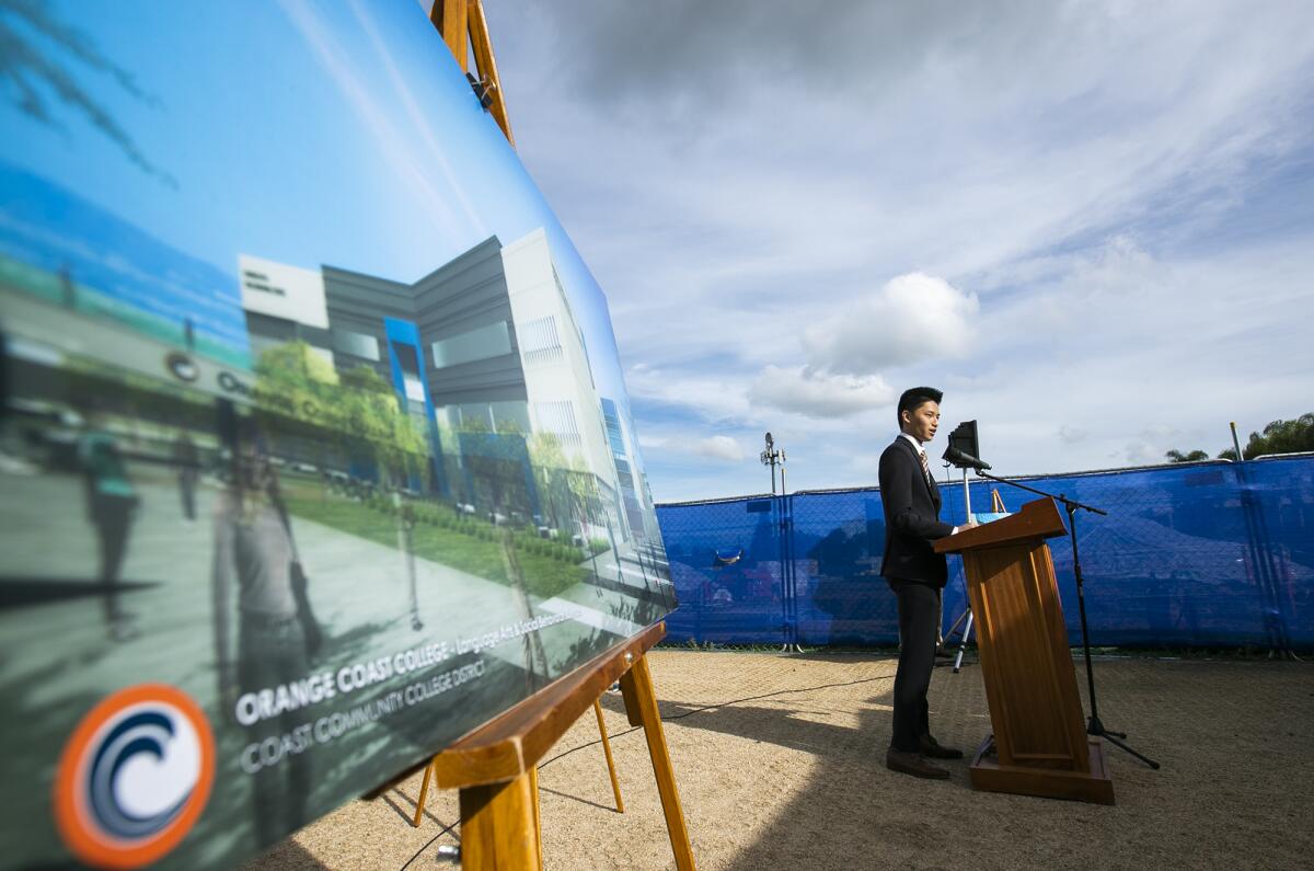 Raymond Tu, Orange Coast College student body president, speaks during a Dec. 5 groundbreaking ceremony for the college's new Language Arts and Social Behavioral Sciences building.