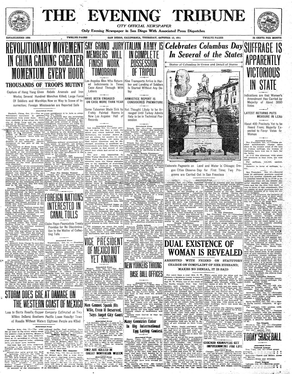 Front page of The Evening Tribune, Thursday, October 12, 1911