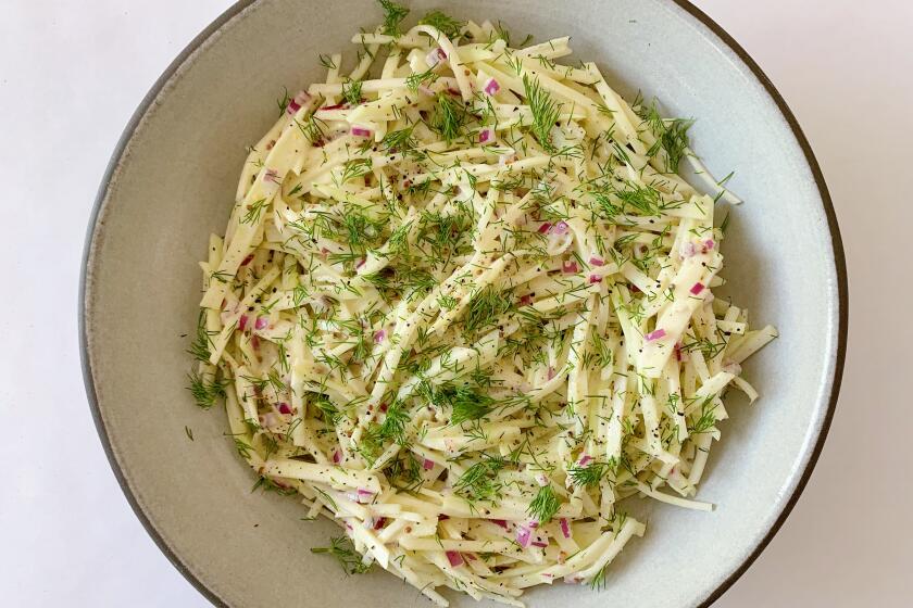 Seasonal Cooks dish on kohlrabi. The dish is a French/Creole remoulade, typically made with celery root, but here made with kohlrabi and green apple and dressed in yogurt flavored with red onion, whole grain mustard and cumin.