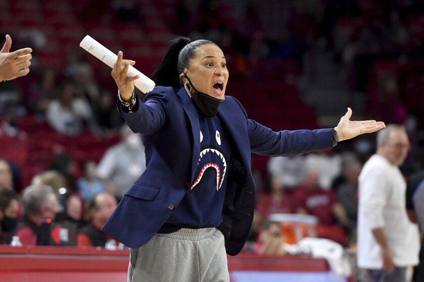 South Carolina coach Dawn Staley reacts to the official's call during the second half of an NCAA college basketball game against Arkansas, Sunday, Jan. 16, 2022, in Fayetteville, Ark. (AP Photo/Michael Woods)