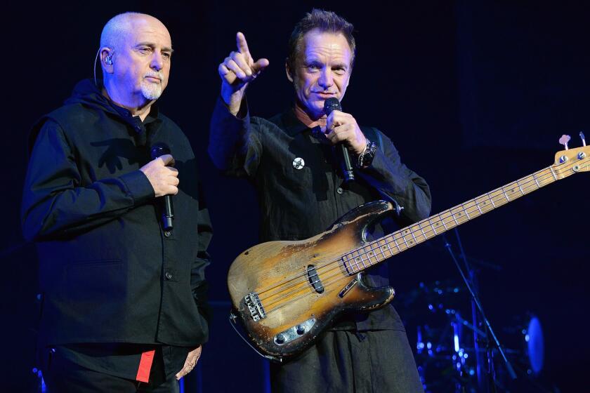 Peter Gabriel, left, and Sting, seen here in Columbus, Ohio, performed the first of two shows at the Hollywood Bowl on Sunday evening.