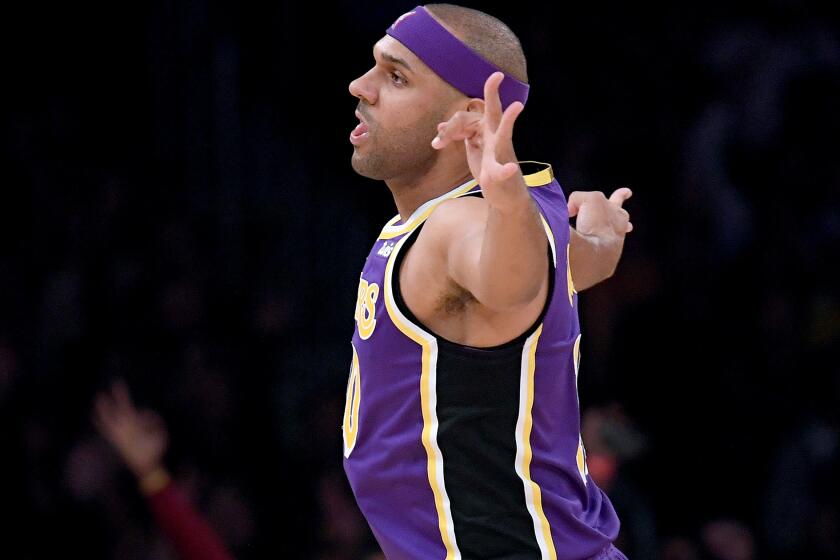 LOS ANGELES, CALIFORNIA - NOVEMBER 13: Jared Dudley #10 of the Los Angeles Lakers celebrates his three pointer during a 120-94 Lakers win over the Golden State Warriors at Staples Center on November 13, 2019 in Los Angeles, California. NOTE TO USER: User expressly acknowledges and agrees that, by downloading and/or using this photograph, user is consenting to the terms and conditions of the Getty Images License Agreement. (Photo by Harry How/Getty Images)