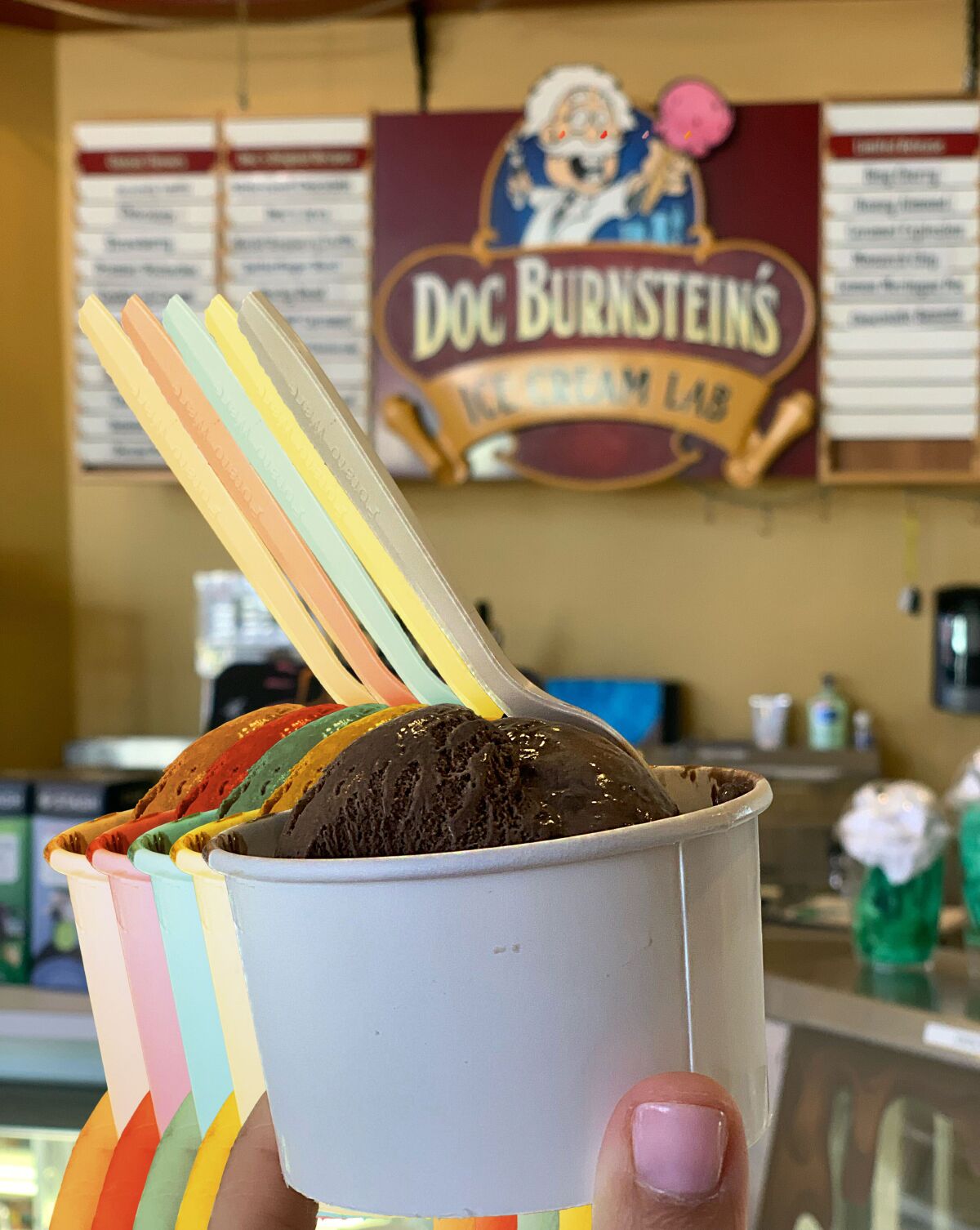 Scoops of ice cream inside a Doc Burnstein's Ice Cream Lab location.