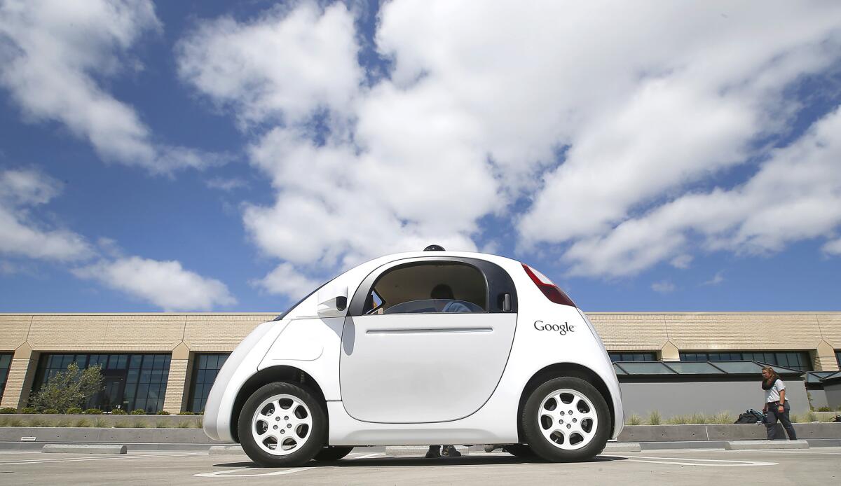 Google's self-driving prototype car at the Google campus in Mountain View, Calif., in May.