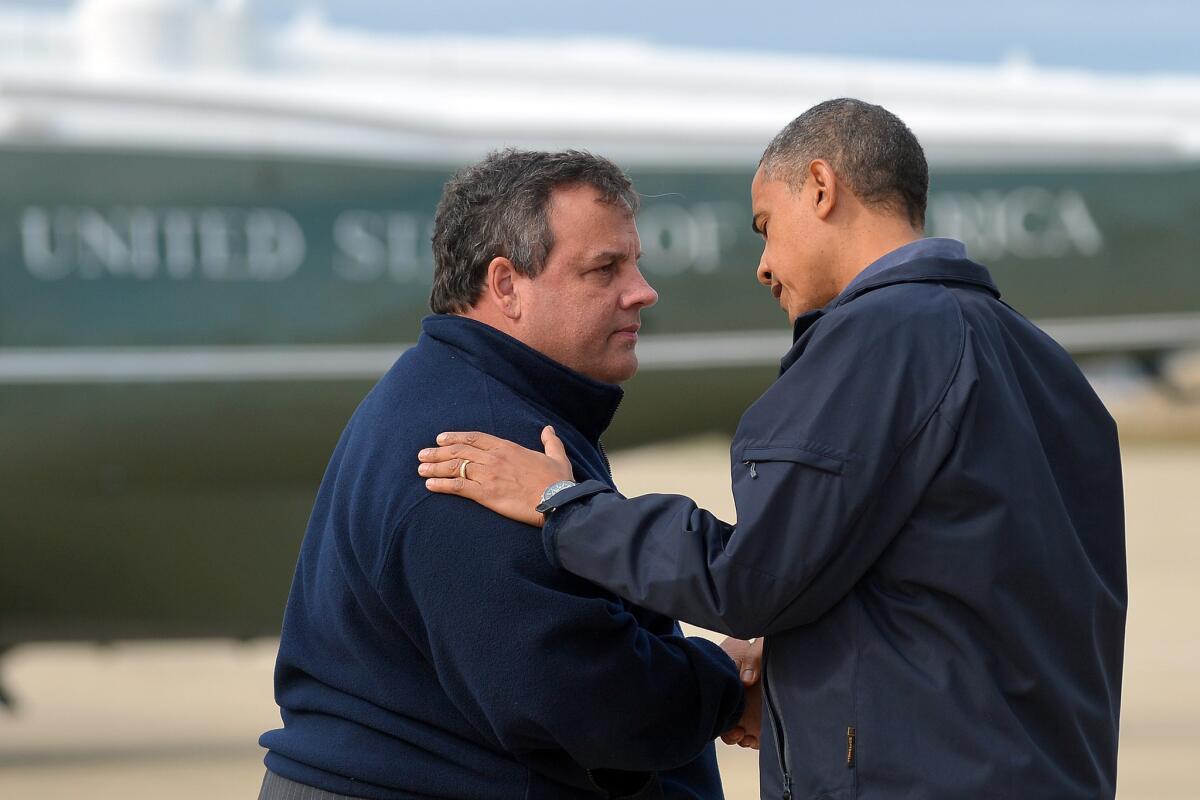 President Obama is greeted by New Jersey Gov. Chris Christie upon arriving in Atlantic City, N.J.