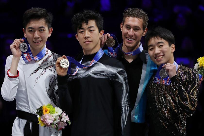 DETROIT, MICHIGAN - JANUARY 27: (L-R) Second place Vincent Zhou, champion Nathan Chen, third place Jason Brown and fourth place Tomoki Hiwatashi holds up their medals after the men's free skate during the 2019 U.S. Figure Skating Championships at Little Caesars Arena on January 27, 2019 in Detroit, Michigan. (Photo by Gregory Shamus/Getty Images) ** OUTS - ELSENT, FPG, CM - OUTS * NM, PH, VA if sourced by CT, LA or MoD **
