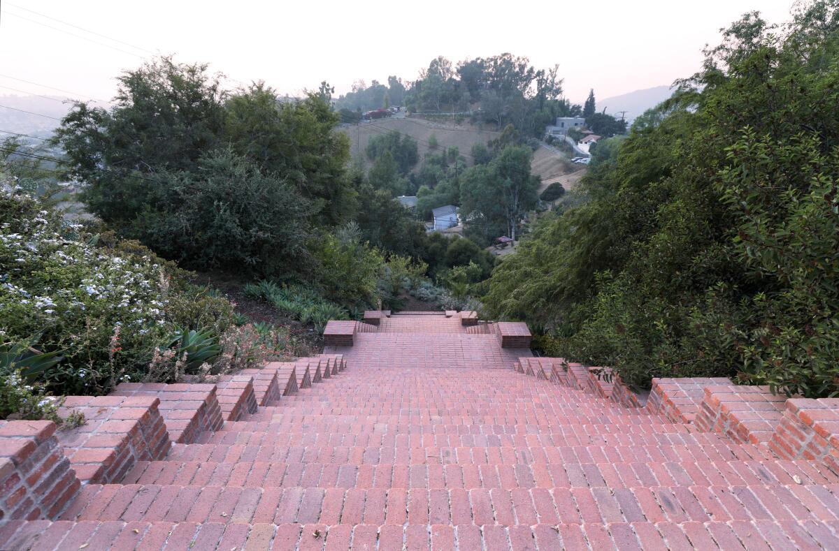 A photo of brick steps and land at the Flamingo Estate in Los Angeles.