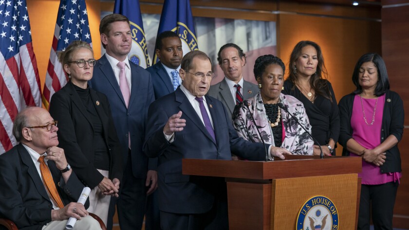 House Judiciary Committee Chairman Jerrold Nadler (D-N.Y.), backed by other Democrats on the panel, speaks to reporters at the Capitol on Friday.