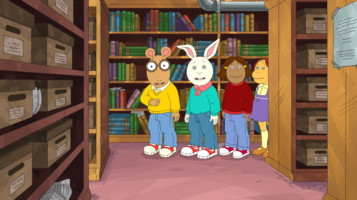 A group of cartoon friends in a library