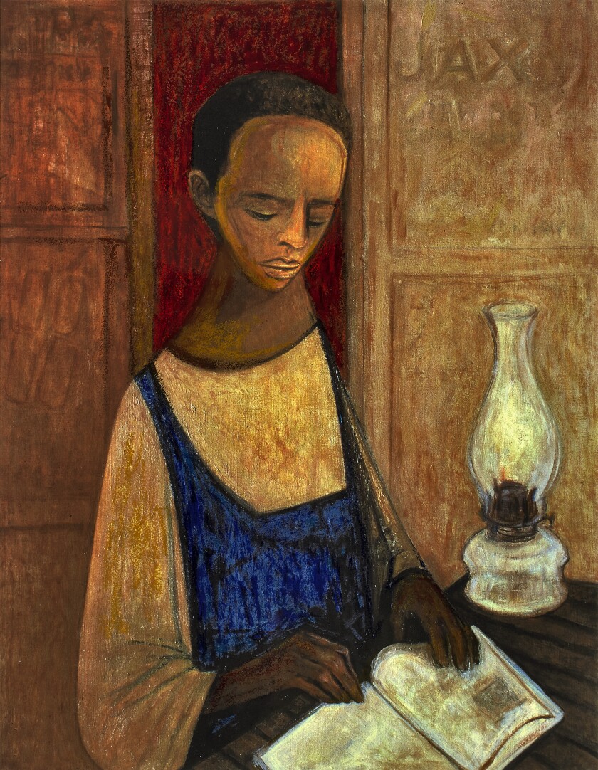 A painting shows a Black figure reading a book by the light of a lantern.