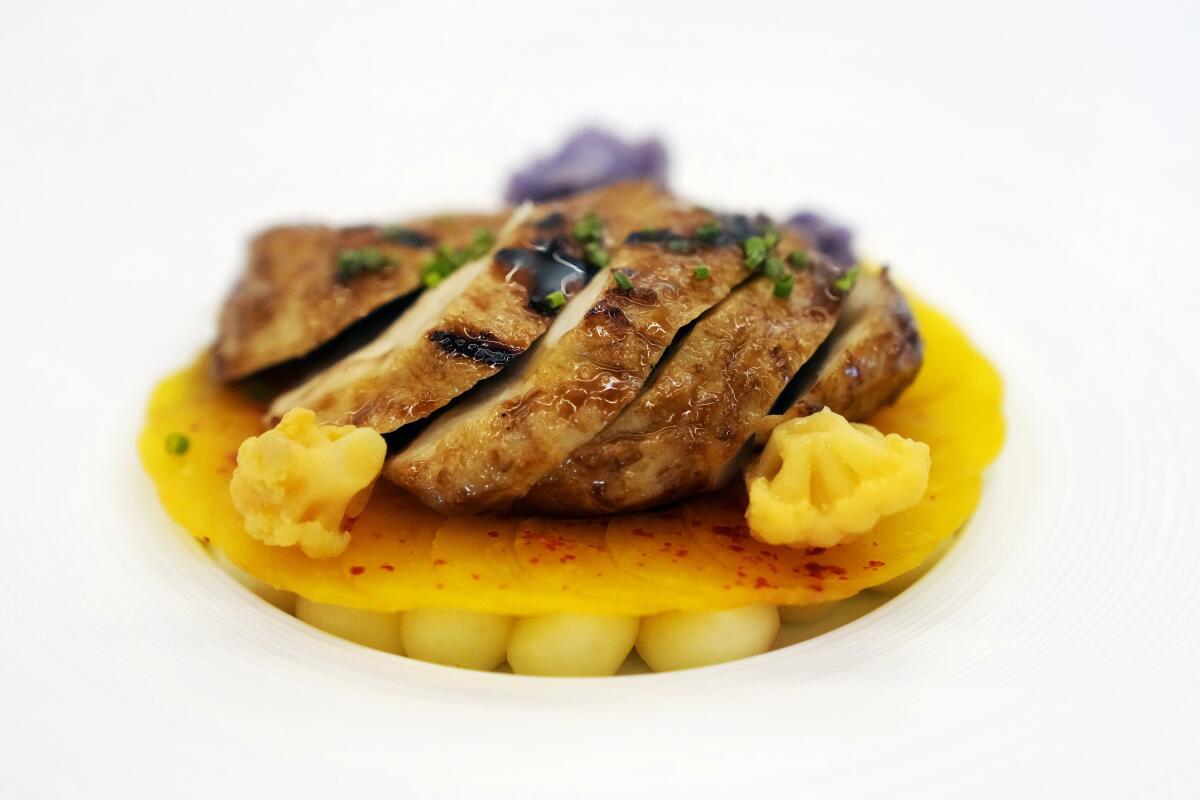 A chicken dish made with meat grown from animal cells by the Alameda-based company Good Meat.