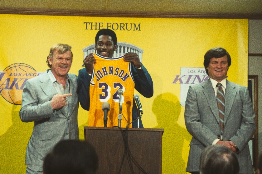 John C. Reilly, left, Quincy Isaiah and Jason Clarke in "Winning Time: The Rise of the Lakers Dynasty"