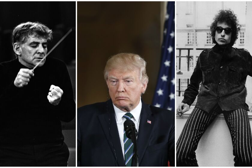 President Trump's proposed redlining of the National Endowment for the Arts faces some powerful history, including Leonard Bernstein, left, who led the Concert for Peace, and Bob Dylan, who pushed '60s popular culture.