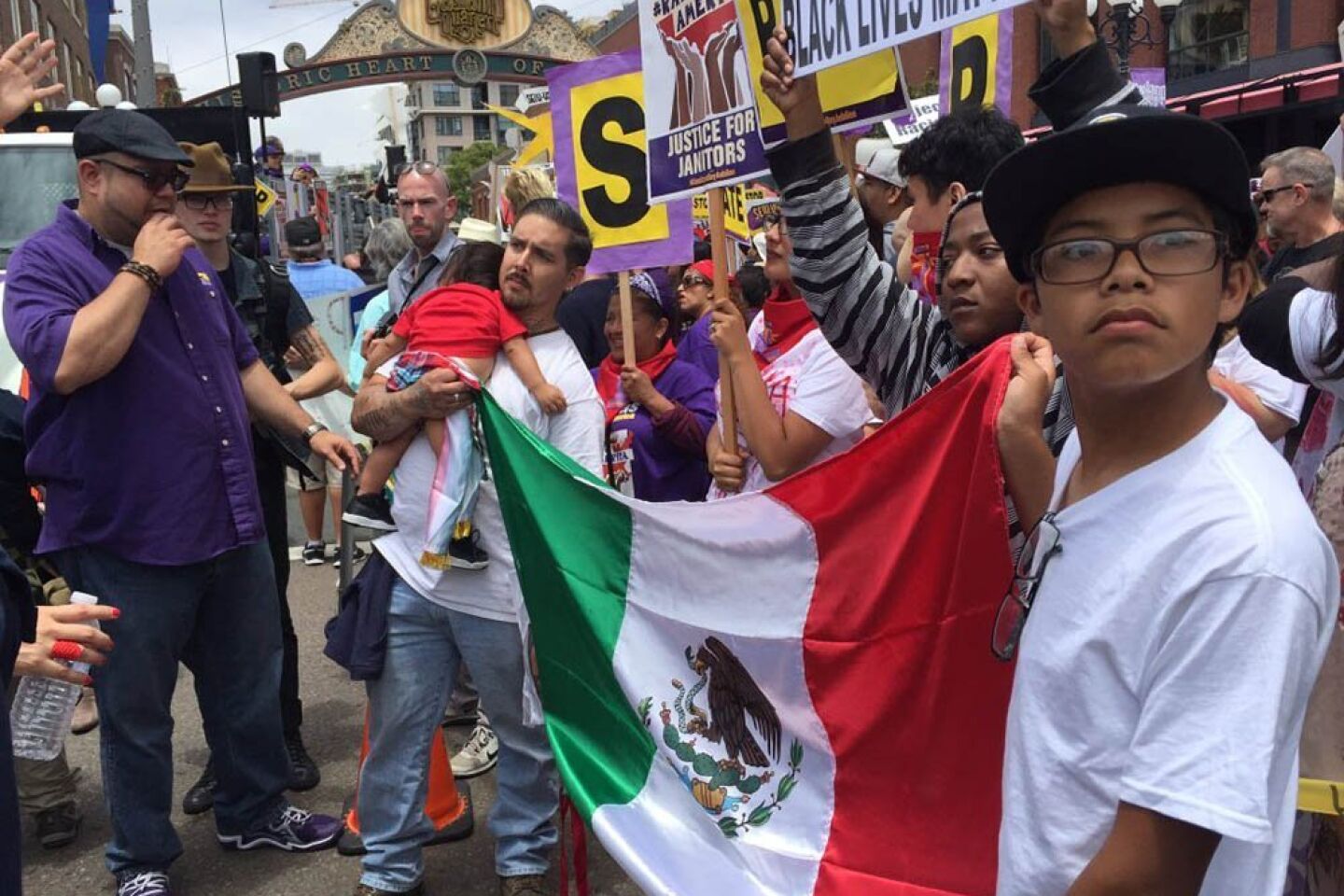 Things have become a little intense with arrival of janitors union marchers #SDTrumpRally rally in San Diego.