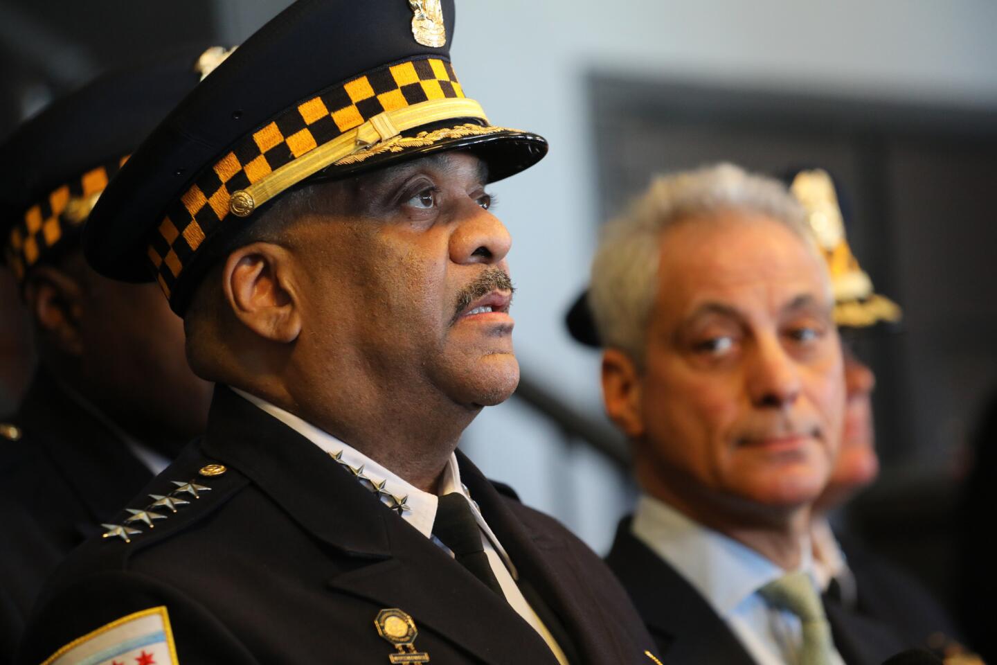 Chicago police Superintendent Eddie Johnson, left, and Chicago Mayor Rahm Emanuel speak during a news conference to react to the dropping of charges against actor Jussie Smollett by the Cook County state's attorney's office on March 26, 2019.