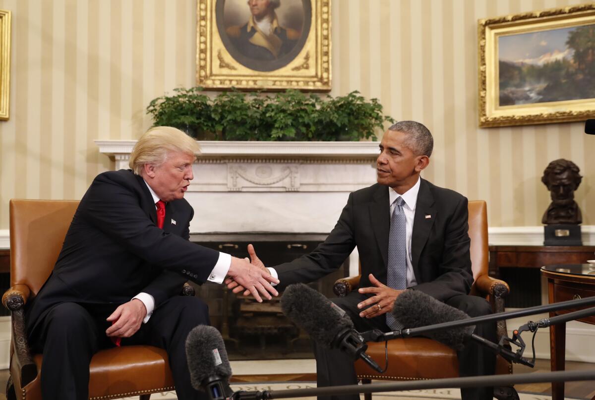 President Obama shakes hands with President-elect Donald Trump in the Oval Office on Nov. 10, 2016.