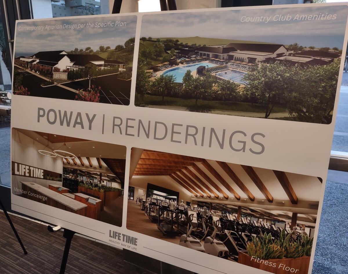 Renderings displayed at a Life Time Open House meeting show what a fitness center at The Farm development could look like.