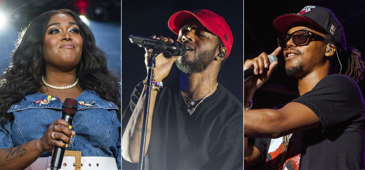 Brittney Spencer performs during CMA Fest 2022 in Nashville on June 9, 2022, left, 6lack performs at the Coachella Music & Arts Festival in Indio, Calif., on April 22, 2018, center, and Lupe Fiasco performs at the Harley-Davidson 110th Anniversary celebration in Milwaukee, Wis., on Aug. 29, 2013. Spencer, 6lack and Lupe Fiasco are among the artists who have recorded songs honoring Juneteenth for Apple Music. (AP Photo)
