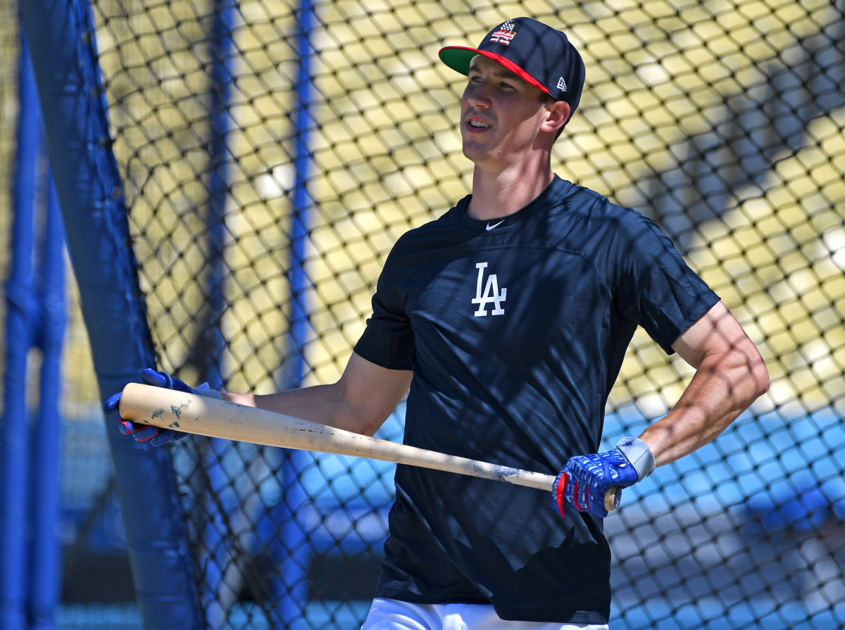 Dodgers pitcher Walker Buehler takes batting practice before a game against the San Diego Padres.
