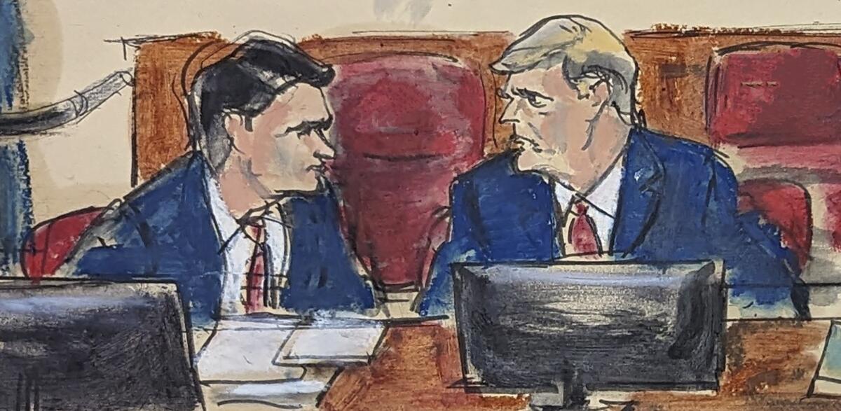 Courthouse sketch of former President Trump with defense attorney Todd Blanche.
