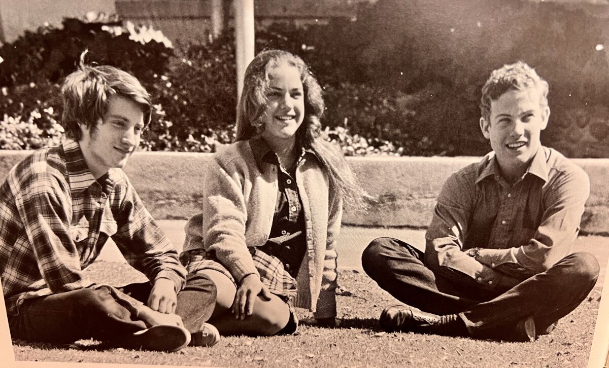 Beth Brust (born Beth Wagner) sits with friends at La Jolla High School in 1971 in a yearbook photo provided by Brust.