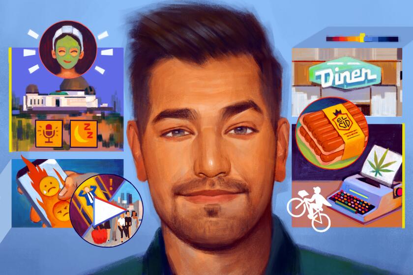 Illustration of a man smirking with small items around his head like Griffith Park, hot dogs, a typewriter and spa mask