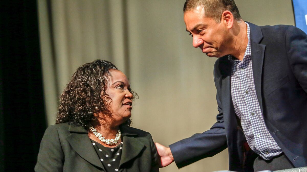Los Angeles Unified superintendent Michelle King and board member Ref Rodriguez. a charter school founder, at the district's "promising practices" forum on Saturday.