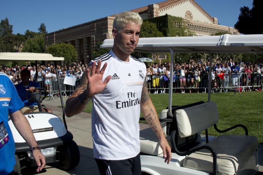 Real Madrid defender Sergio Ramos arrives at a team training session at the UCLA campus on Monday.