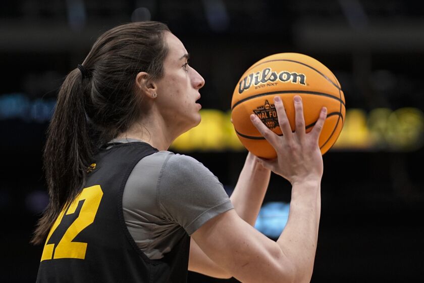 Iowa's Caitlin Clark shoots during a practice session for an NCAA Women's Final Four semifinals basketball game Thursday, March 30, 2023, in Dallas. (AP Photo/Darron Cummings)