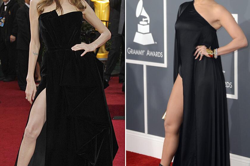 Angelina Jolie, left, shows some leg at the 2012 Oscars; Jennifer Lopez did the same at the 2013 Grammys.