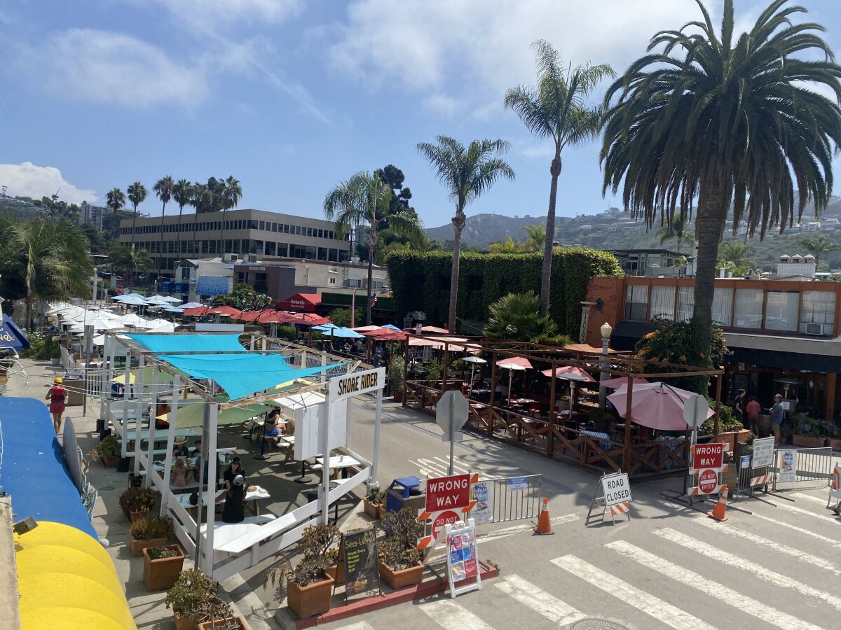 The outdoor dining area on Avenida de la Playa in La Jolla Shores is pictured in September 2021.