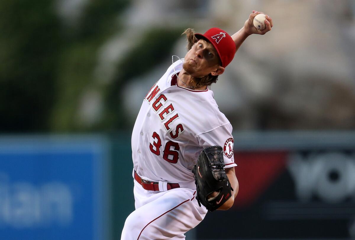 Angels starting pitcher Jered Weaver throws a pitch against the White Sox at Angels Stadium.