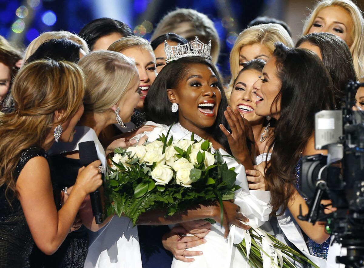 Miss New York Nia Franklin reacts after being named Miss America 2019 on Sunday.