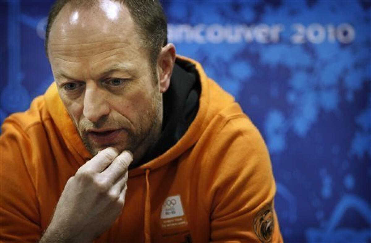 Netherlands's speed skating coach Gerard Kemkers speaks at a press conference at the Richmond Olympic Oval at the Vancouver 2010 Olympics in Vancouver, British Columbia, Wednesday, Feb. 24, 2010. Kemkers coaches the Netherlands Sven Kramer, who made an amateurish mistake Tuesday, failing to switch lanes just past the midway point of the men's 10,000 meter race and was disqualified. (AP Photo/Kevin Frayer)
