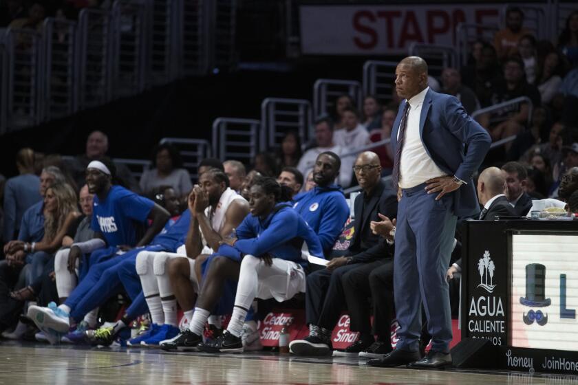 Los Angeles Clippers head coach Doc Rivers in an NBA preseason basketball game against the Denver Nuggets in Los Angeles Thursday, Oct. 10, 2019. (AP Photo/Kyusung Gong)