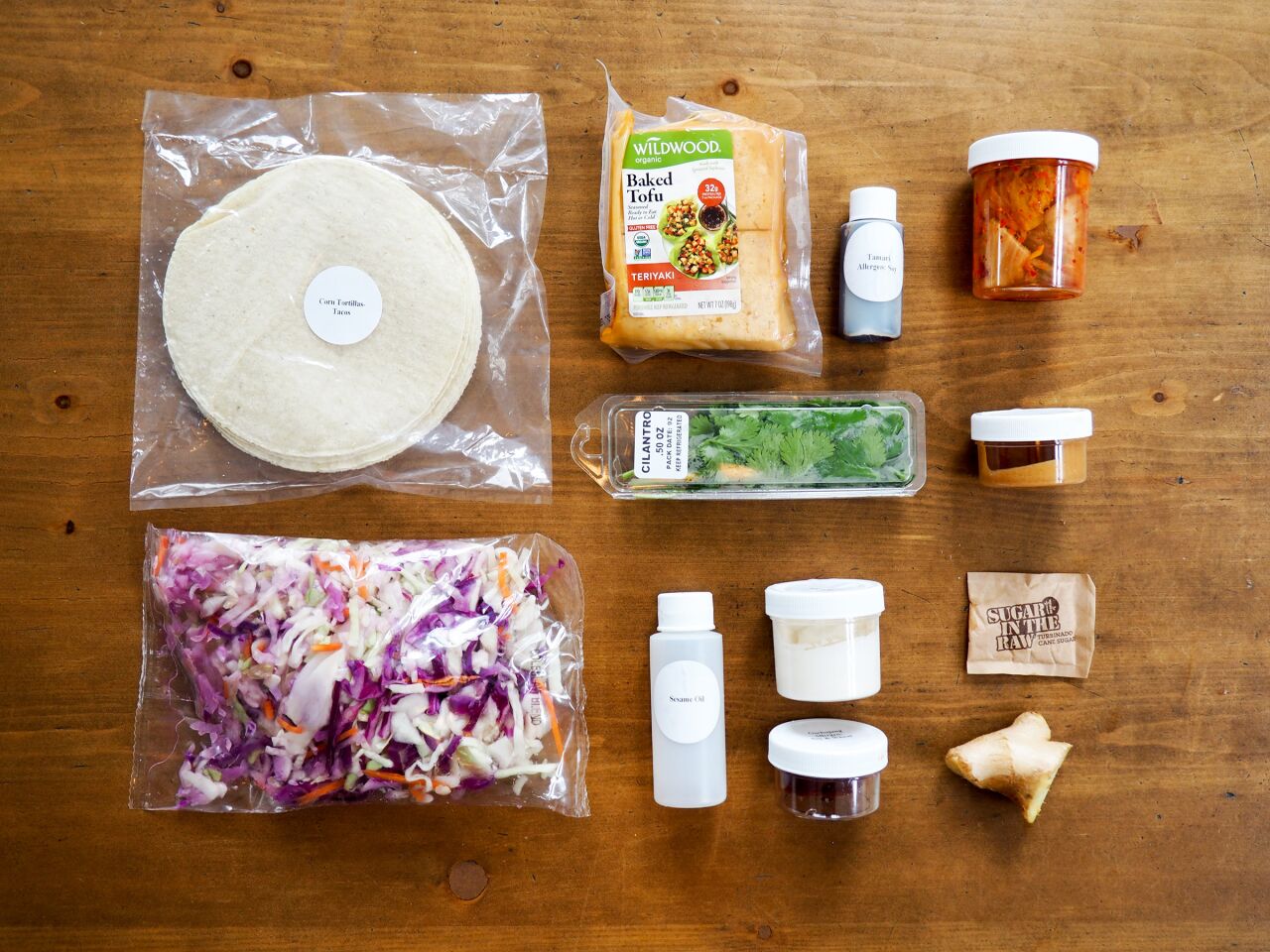 Ingredients for the Purple Carrot Korean tofu tacos with kimchi slaw.