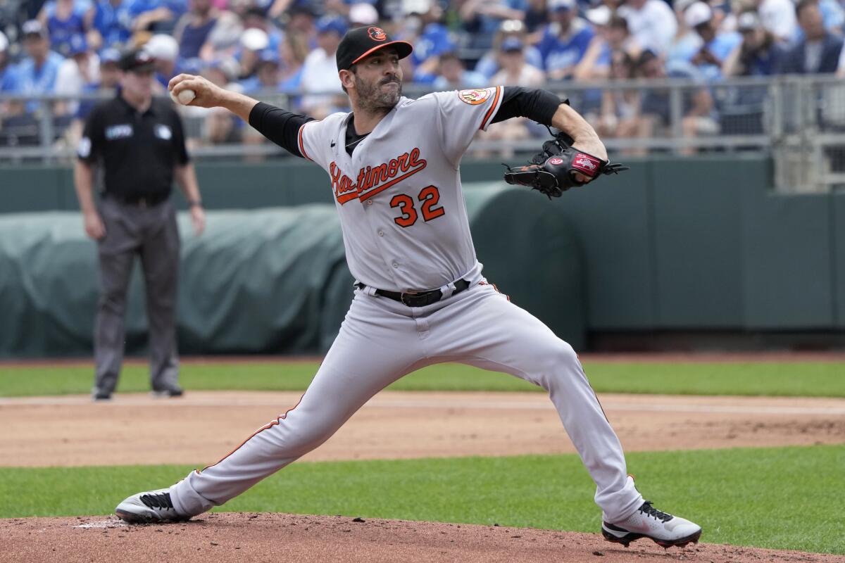 Baltimore Orioles starting pitcher Matt Harvey delivers to a Kansas City Royals batter during the first inning of a baseball game at Kauffman Stadium in Kansas City, Mo., Sunday, July 18 2021. (AP Photo/Orlin Wagner)