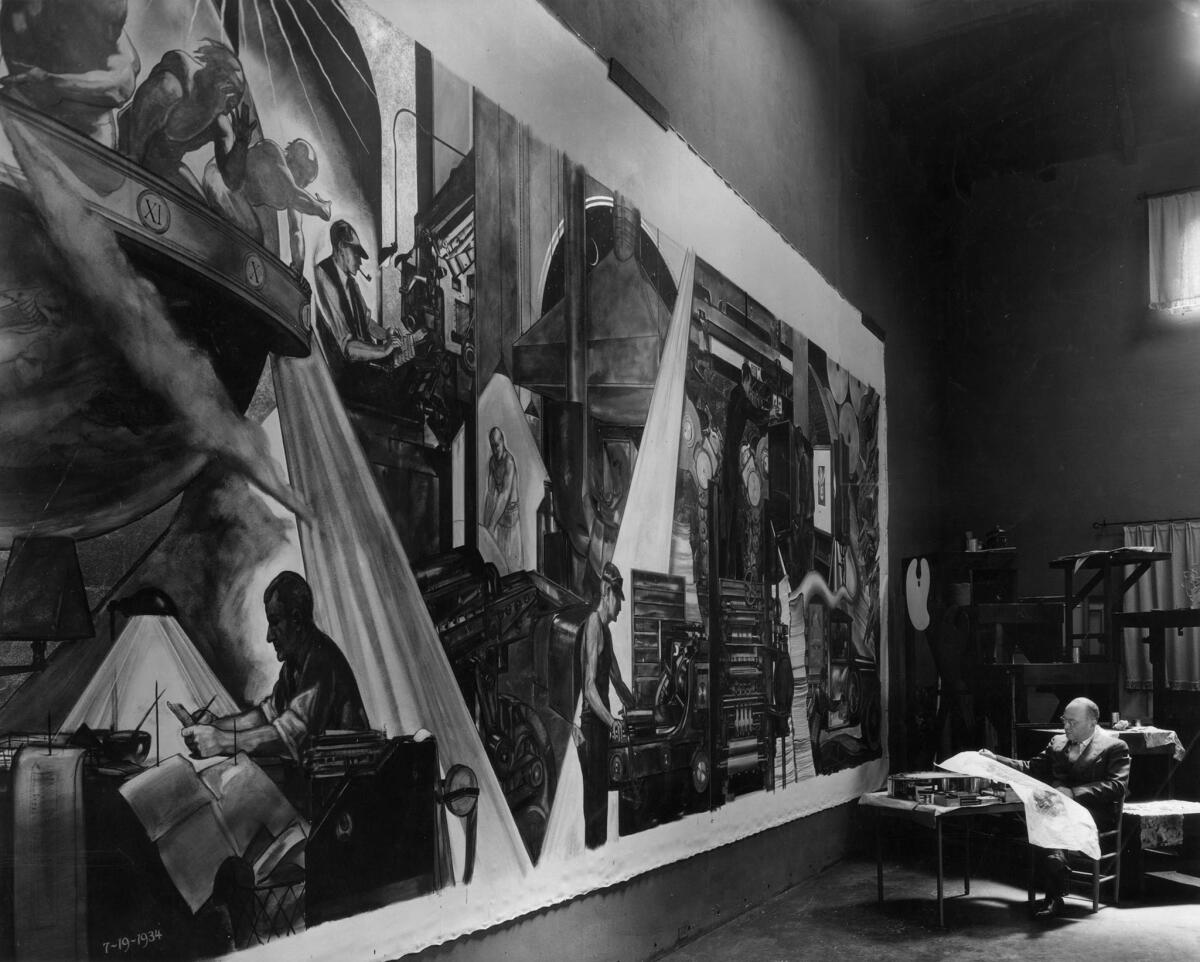 Aug. 19, 1934: One of a set of four murals for the Los Angeles Times Globe Lobby by Hugo Ballin, in photo on right.